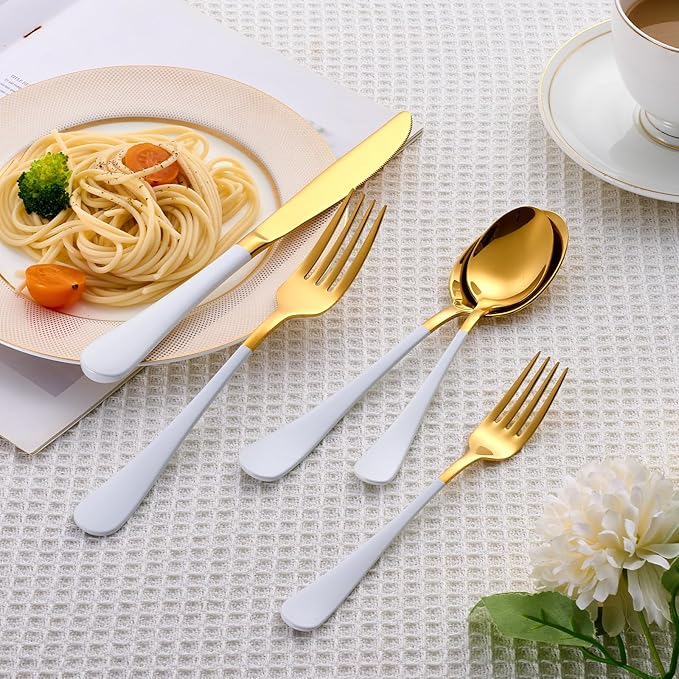 20 Piece Gold and White 18/0 Flatware Utensil Set for 4, Include Dinner Knife,Dinner Forks,Dinner Spoons,Salad Forks,Teaspoons,Silverware Set for 4, Dishwasher Safe