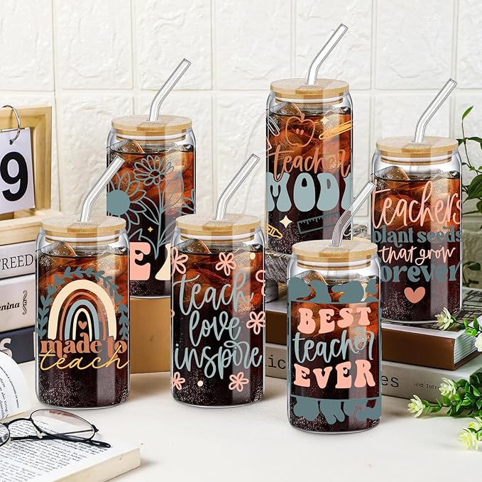 6 Pcs Teacher Gifts for Women Bulk 16 oz Christmas Teacher Appreciation Glass Cups with Bamboo Lid and Glass Straw Can Shaped Drinking Cups for Party Favor Supplies