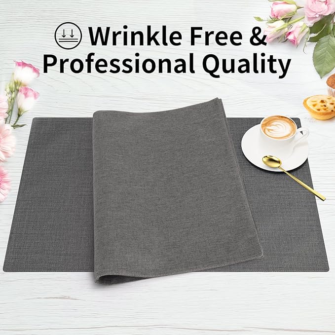 Cloth Placemats, Set of 6 Heat-Resistant Cotton Linen Blend Double Layered Machine Washable Place Mats, Wrinkle Free Thick Fabric Dining Table Mats for Indoors & Outdoors (Dark Grey, 6)