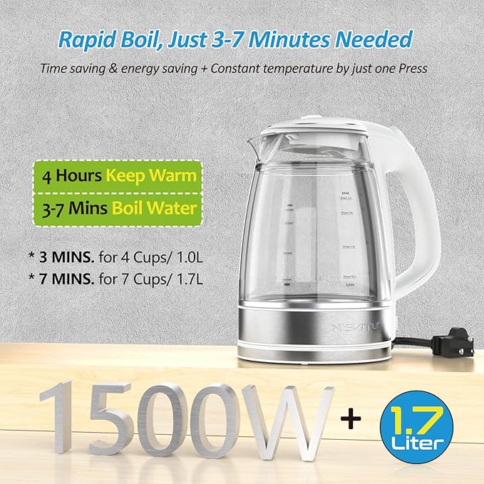 Glass & Stainless Steel Cordless Electric kettle for boiling water, Hot water boiler Electric Tea Kettle automatic shut off Boil-Dry Protection, PC Outer + Glass Inner, 1500W, 1.7L, WH