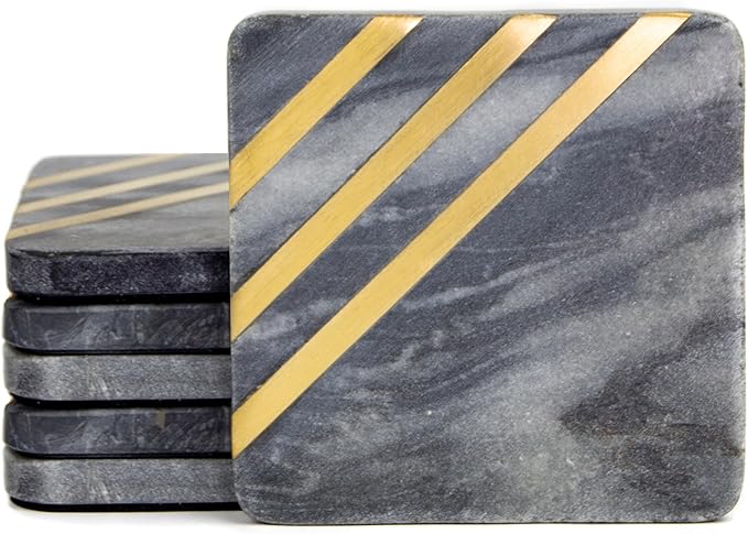 Cork & Mill Grey Marble Coasters Set of 6 - Real Natural Stone Gray and Black Coasters for Drinks - Luxury Gold Aesthetic - Modern Coffee Table Decor - Semi Absorbent Stone