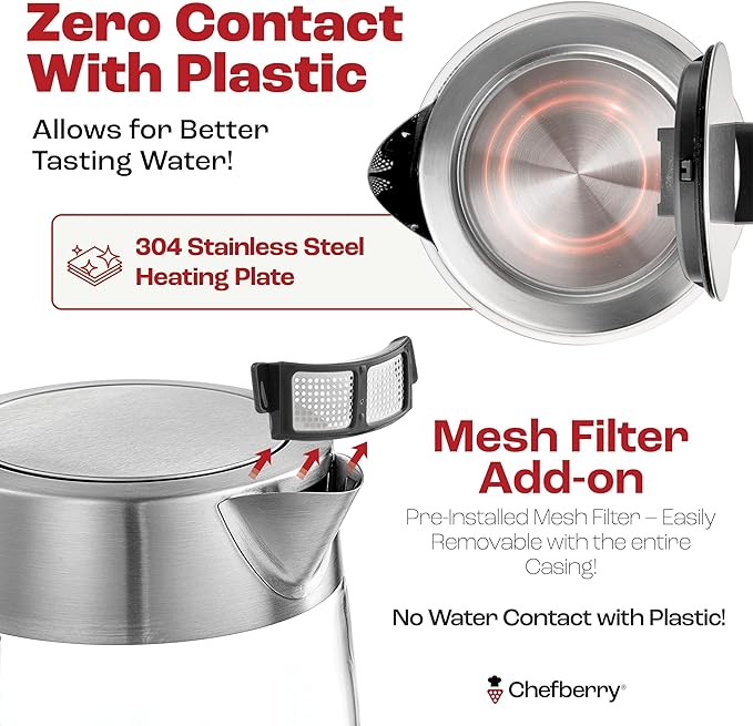 Electric Kettle for Boiling Hot Tea & Water | 1.8L Stainless Steel Borosilicate Glass Boiler With No Plastic, Automatic Shutoff, BPA Free, Fast Heating Technology