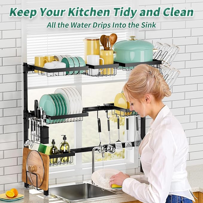 Over The Sink Dish Drying Rack,Expandable Length 3-Tier Large Stainless Steel Over The Sink Dish Rack with 6 Baskets, Utensil Holder Dish Drainers for Kitchen Counter