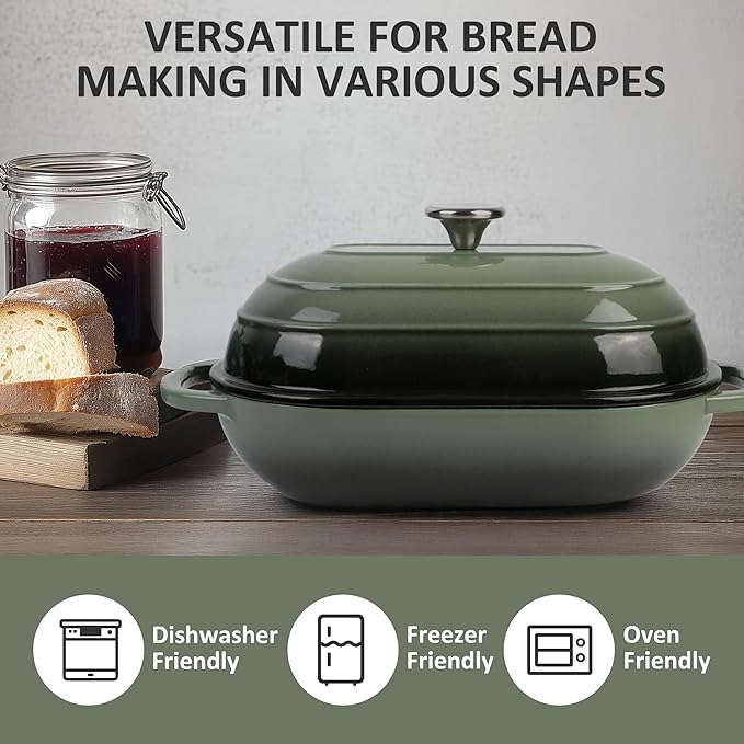 Premium Enameled Cast Iron Dutch Oven for Bread Baking | Non-Stick 5QT Oval Bread Oven with Lid | Perfect for Sourdough, Loaf, and Artisan Baking (Green, 5 QT)
