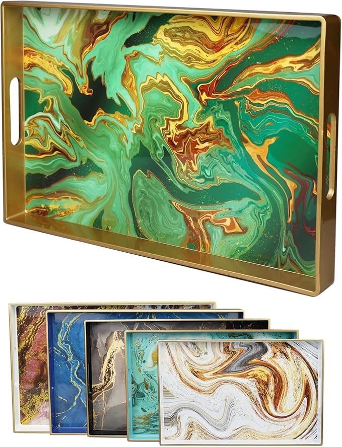 Green Marbling Decorative Tray with Handles, Morden Plastic Rectangular Serving Tray for Coffee Table Bathroom, Ottoman, Home Decor, 15.7"* 10.2"* 1.38"