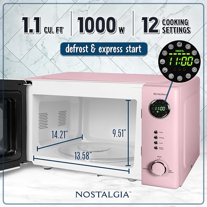 Nostalgia NRMO11PK6A 1000 Watt Power Retro Countertop Microwave Oven Easy to Clean with Removable Glass Turntable-Child Safety Lock-12 Programs-Digital Clock, 1.1 Cu. Ft, Pink