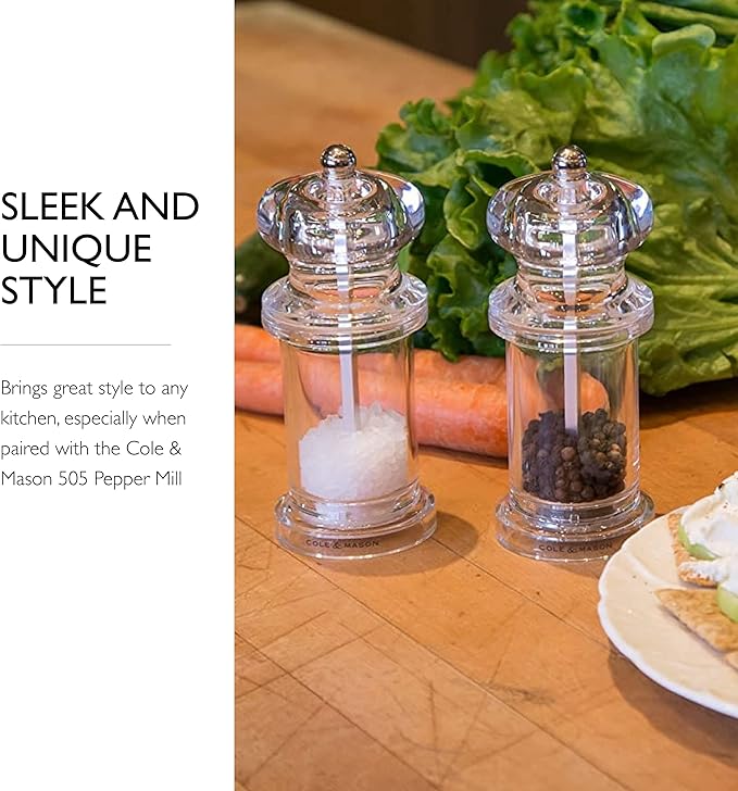 COLE & MASON 505 Salt Grinder - Clear Acrylic Mill Includes Precision Mechanism and Premium Sea Salt