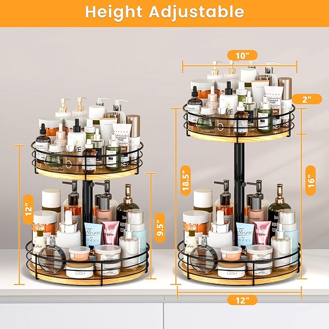 Two Tier Lazy Susan Organizer Turntable Height Adjustable, 12 Inch Wood Lazy Susan 2 Tier, Rotating Spice Rack Organizer for Cabinet Dining Table Top Kitchen Bathroom Countertop Black