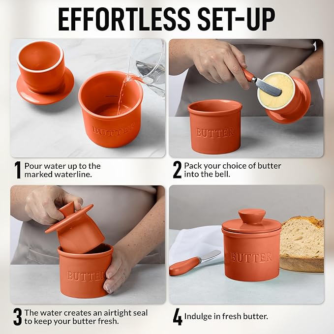 Zulay Kitchen Porcelain Butter Crock With Lid & Knife - Authentic French Butter Dish For Fresh & Spreadable Butter - Terracotta