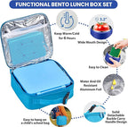 Bento Lunch Box with 8oz Soup Thermo,Kids Leakproof 4 Compartment Lunch Food Containers with Sauce Cup and Ice Pack,Kids Thermo Insulated Hot Food Jar and Lunch Bag for School,Trvael-Blue