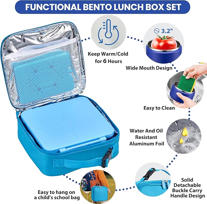 Bento Lunch Box with 8oz Soup Thermo,Kids Leakproof 4 Compartment Lunch Food Containers with Sauce Cup and Ice Pack,Kids Thermo Insulated Hot Food Jar and Lunch Bag for School,Trvael-Blue