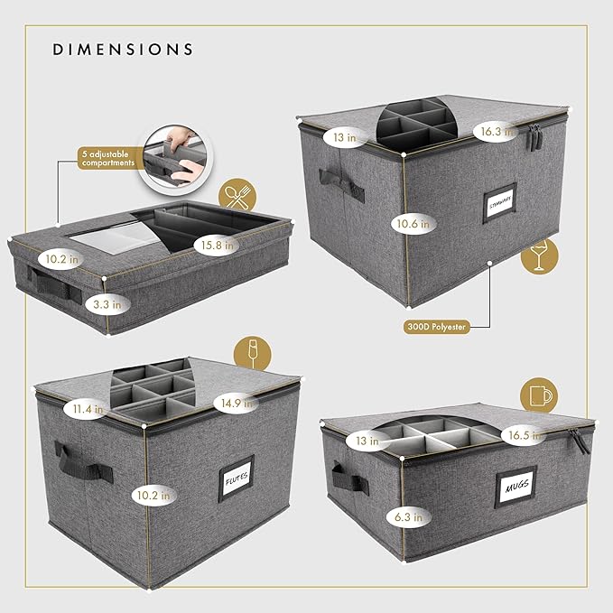 HOMELUX THEORY Champagne Flute Storage Box, Light Gray Hard Shell China Storage Containers, Kitchen Storage Bins With Lids, Heavy Duty Moving Box for Glasses & Stemware, Glassware & Wine Glass