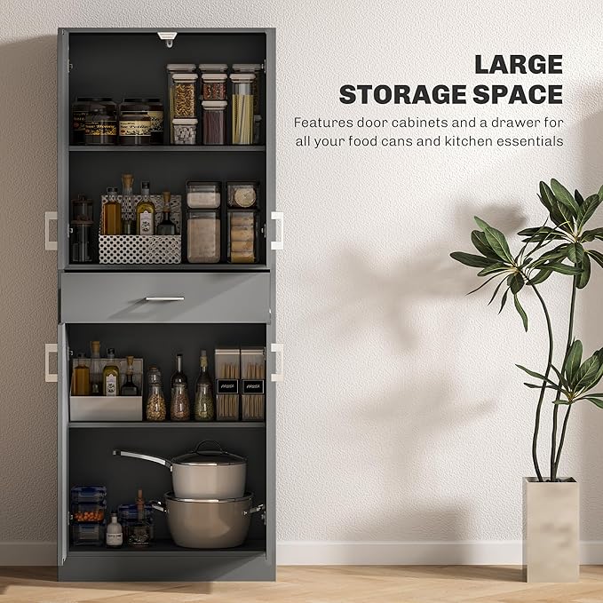 HOMCOM 71" Kitchen Pantry Cabinet with Drawer and Adjustable Shelf, Freestanding Tall Storage Cabinet with 2 Double Door Cupboards, Gray
