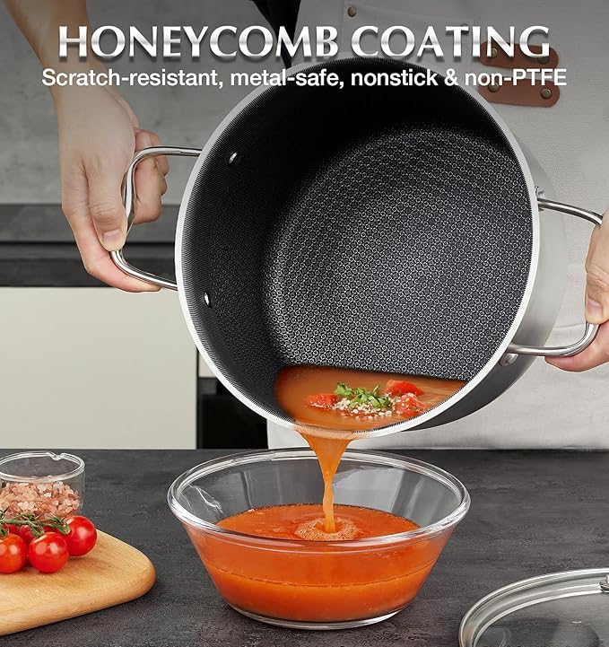 KOCH SYSTEME CS Tri-ply Stainless Steel Stock Pot, 8-Quart Nonstick Hybird 18/10 Stainless Steel Pot with Lid, Soup Pots with Nonstick Honeycomb Interior, Compatible with All Cooktops, Oven Safe
