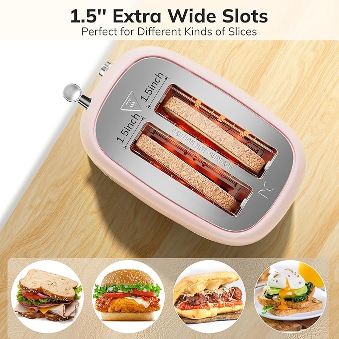 Toaster 2 Slice Stainless Steel with 6 Bread Shade Settings, Bagel, Cancel, Defrost Function, 2 Slice Retro Toaster with Extra Wide Slot, Removable Crumb Tray, pink