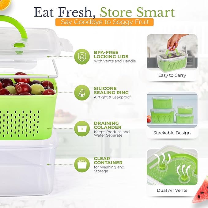 Fruit Storage Containers for Fridge - Keep Fruit & Veggie Fresh Longer - Rinse & Store Produce with Strainer - Berry/Vegetable Stackable Organizer - BPA-Free, Dishwasher Safe