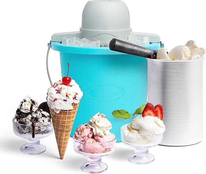 Nostalgia Electric Ice Cream Maker - Old Fashioned Soft Serve Ice Cream Machine Makes Frozen Yogurt or Gelato in Minutes - Fun Kitchen Appliance - Blue - 4 Quart
