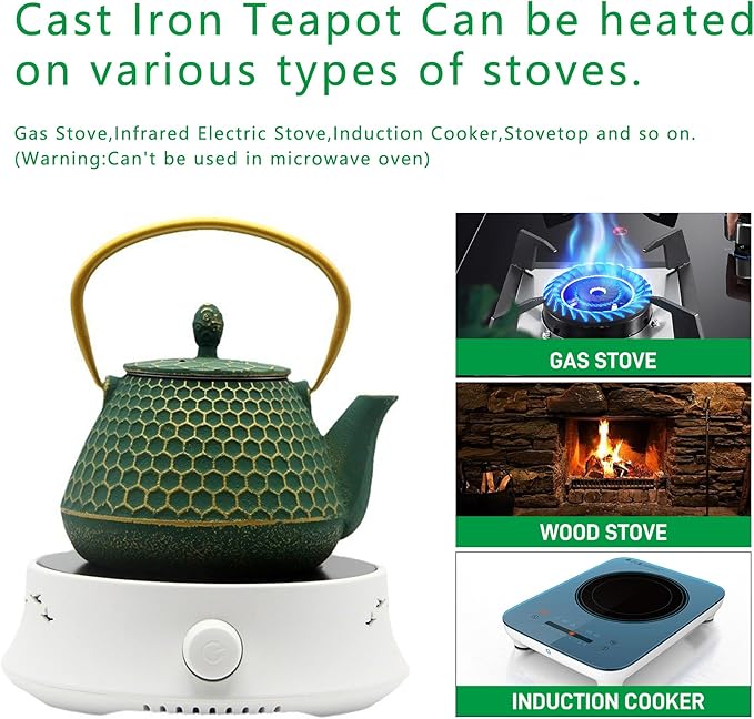Cast Iron Tea Kettle, Japanese Tetsubin Teapot Coated with Enameled Interior, Durable Cast Iron Teapot with Stainless Steel Infuser for Stovetop Safe(1000ml/34oz)