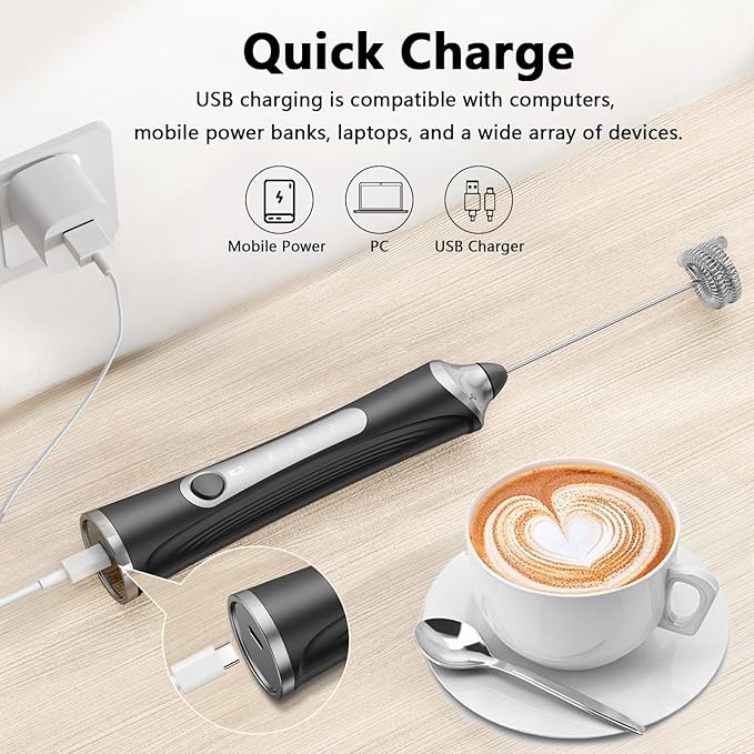 Rechargeable Milk Frother with Stand,Handheld Electric Foam Maker, Waterproof Detachable 3-Speed Adjustable Drink Mixer & Milk Foamer with 3 Stainless Steel Whisks for Lattes, Cappuccino