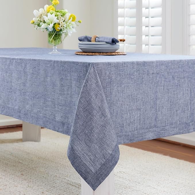 Solino Home Linen Tablecloth 60 x 120 Inch - 100% Pure Linen Chambray Indigo Table Cloth for Rectangle Tables - Athena, Machine Washable Tablecloth for Summer