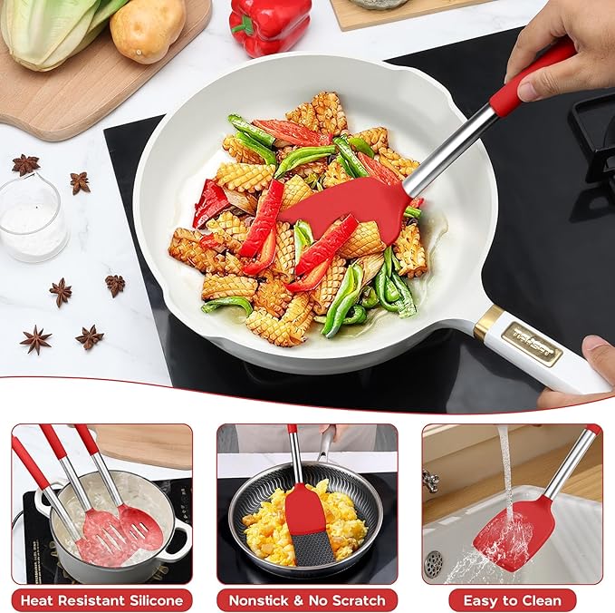 15 Pcs Silicone Cooking Utensils Set, Red Kitchen Utensils Spatula Set with Holder, Large Kitchen Gadgets Tools for Nonstick Cookware