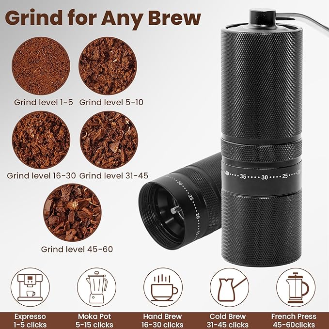 Portable Hand Coffee Bean Grinder with 60 Adjustable Settings, Stainless Steel Conical Burr Manual Coffee Grinder, Labor-Saving Crank Handle Perfect for Home, Office,Travel, Camping Espresso