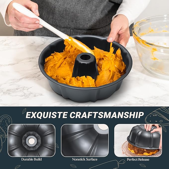 Classic Carbon Steel 10 Inch Bundt Cake Pan Nonstick - Heavy Duty Tube Pan for Baking Pound Cake, 12 Cup, Black