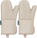 Beneno Kitchen Oven Mitts 2-Pack Heat Resistant to 500°F with Non-Slip Silicone Grip, Extra Long 14.3" Forearm Protection, Soft Quilted Cotton Terry Lining, Ideal for Cooking, Baking, Grilling, Beige