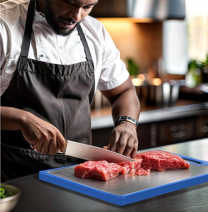 Titanium Cutting Boards for Kitchen - Dual-Sided Cutting Board with Pure Titanium and Wood Surface, Durable Chopping Board, Easy to Clean with Juice Groove - Large 15 x 10 (Blue)