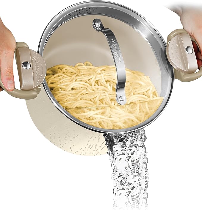 GOTHAM STEEL 5 Qt Ceramic Stock Pot Multipurpose Pasta Pot with Strainer Lid & Twist and Lock Handles, Nonstick Ceramic Pot for Soup, Spaghetti, Rice, Pots for Kitchen, Dishwasher Safe - Cream