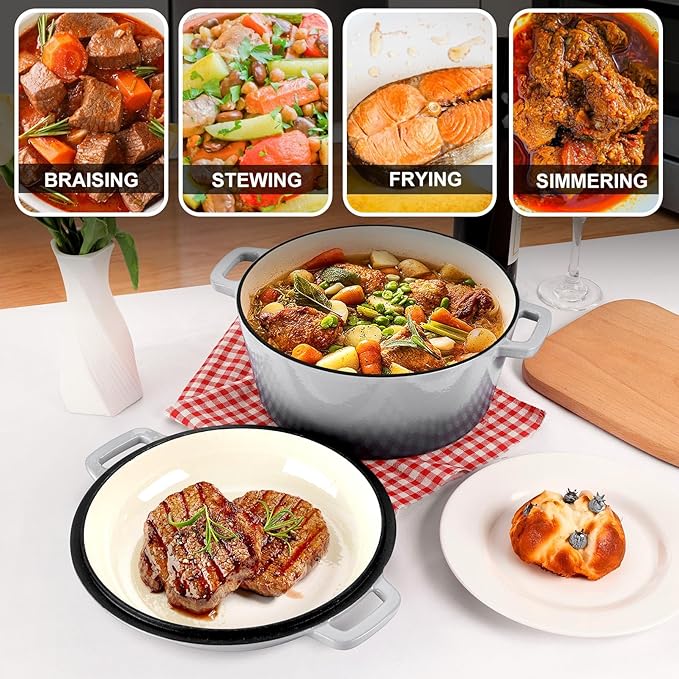 P&P CHEF 5Qt Dutch Oven Pot for Bread Baking (Gray), 2 In 1 Round Cast Iron Dutch Oven with Lid Set, Skillet & Pot for Roasting Braising Stewing Frying Simmering, Multi Stoves & Oven Safe