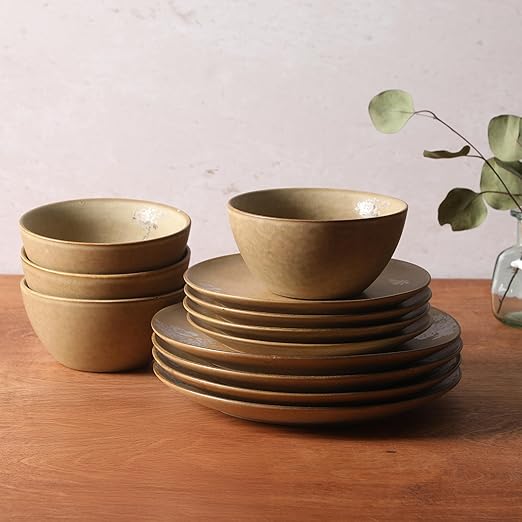 Gibson Elite Valencia Bloom 12 Piece Plates and Bowls Dinnerware Set - Taupe with Floral Decal Dishes - Microwave and Dishwasher Safe