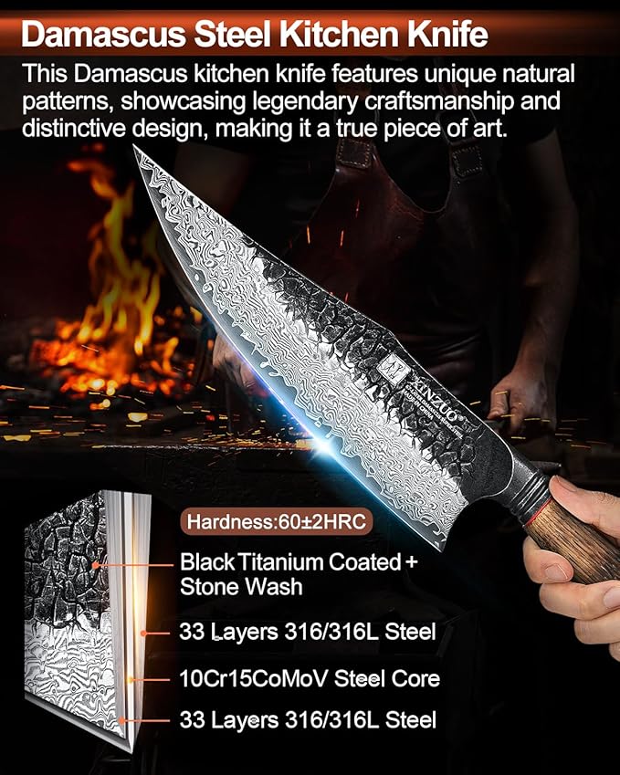 XINZUO 8.6 inch Professional Damascus Chefs Knife,67 Layers Damascus Steel Kitchen Knife,10Cr15CoMoV Steel Core,Very Sharp for Vegetables Meat Cutting for Home Kitchen,Burnt White Oak Wood Handle