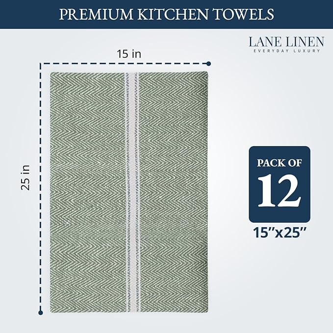 LANE LINEN Kitchen Towels Set - 100% Pure Cotton Dish Towels for Kitchen, Super Absorbent Kitchen Hand Towel, Tea Towels, Soft & Durable Dish Cloths, Pack of 12 – 14”x25”, Olive