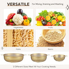 Baderke 3 Pieces Stainless Steel Gold Colander Metal Strainer with Handle Pasta Gold Colander for Kitchen Draining Pasta Rinsing Vegetables Rice Food, 3 Sizes(1-3-5 Quart,Classic)