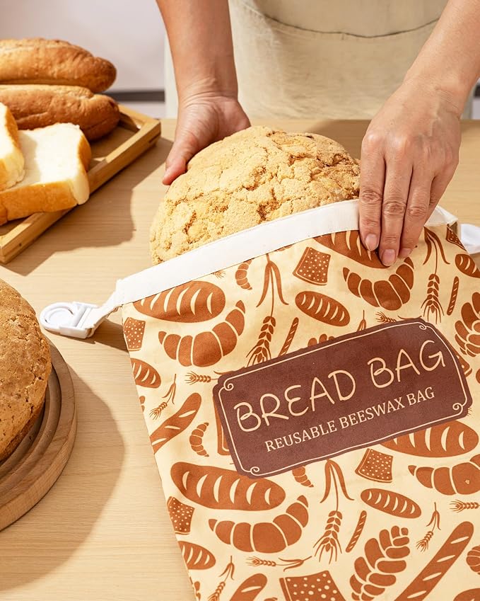 2-Pack Beeswax Bread Bags with Zipper & Buckle - Reusable Cotton Storage for Sourdough & Homemade Bread, Freezer Safe