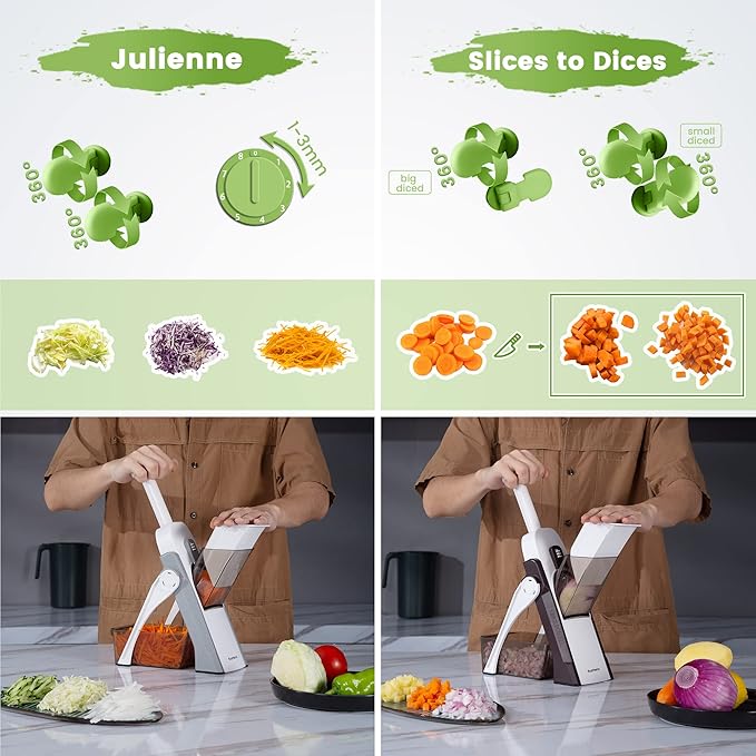 SupMaKin Upgrade Safe Mandoline Slicer, Vegetable Chopper, Potato Slicer 4 Modes Adjustable Thickness Food Cutter, Kitchen Chopping Artifact (6 in 1 Green)