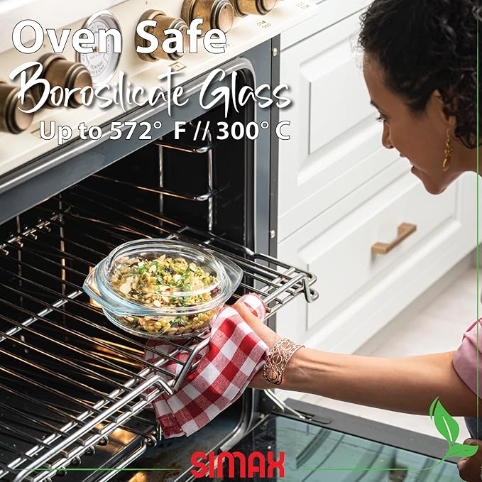 Simax Casserole Dish With Lid, 24 Ounce Round Glass Cookware, Oven and Microwave Safe Borosilicate Glass, Made In Europe 0.75 Qt