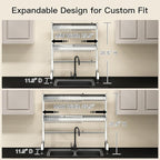 3 Tier Extra Large Stainless Steel Expandable Over The Sink Dish Drainer Drying Rack, Rust Proof Metal, Space Saving, Modern Silver Big Capacity Extendable Plate Strainers Above Kitchen Counter