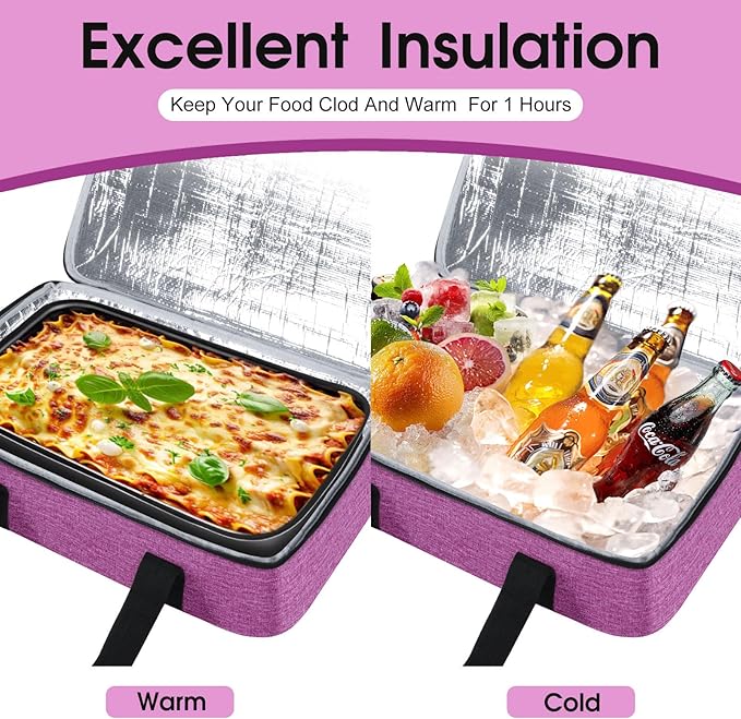 Insulated Casserole Carrier, Portable Casserole Carrier for Hot or Cold Food Lunch Tote Warmer or Cooler Bag, Lasagna Lunch Bag for Potluck Parties- Fits 9" x 13" Baking Dish-Rose Purple