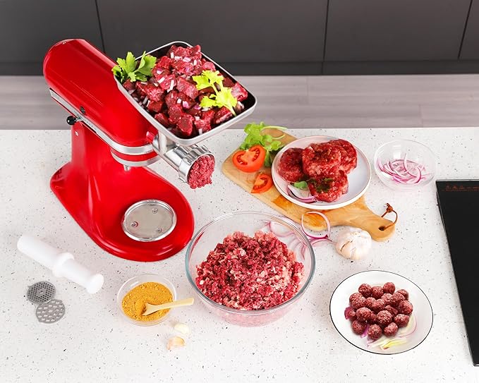 Stainless Steel Food Grinder Attachment for KitchenAid Mixers, Dishwasher Safe Meat Processor Aceesory Included 3 Sausage Stuffer Tubes