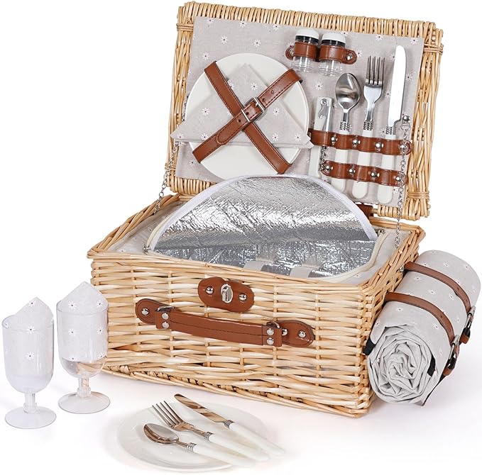 HappyPicnic Picnic Basket Set for 2 - Wicker Picnic Basket with Waterproof Blanket & Insulated Liner, Large Handmade Willow Hamper with Cutlery Kit for Outdoor, Picnic, Camping, Holidays (Flower)