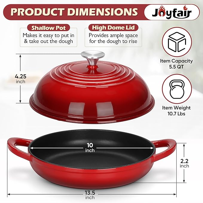 Bread Oven for Sourdough (5.5 QT), Joyfair Enamaled Cast Iron Bread Dutch Oven with Lid, Sourdough Bread Baking Pan with Heavy Duty Dual Handles, Non-Stick & Even Cooking, Oven-safe up to 500°F, Red