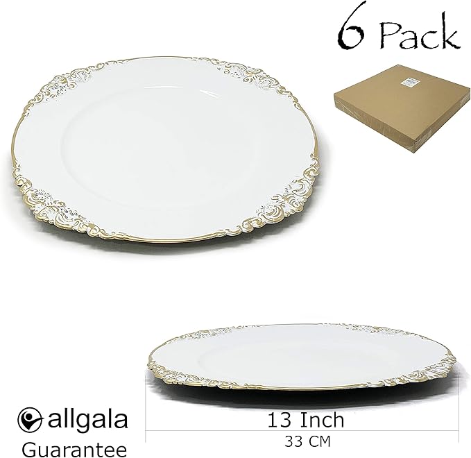 allgala 13-Inch 6-Pack Heavy Quality Round Charger Plates-Floral White Gold Trim-HD80341