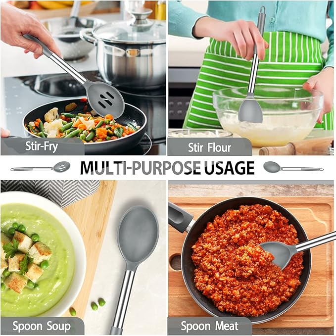 Pack of 4 Large Silicone Cooking Spatulas and Spoons, Slotted and Solid Stainless Steel Cooking Utensils Set, Non-stick Heat Resistant Kitchen for Baking, Fried, Stir-Fry, Mixing, Serving (Grey)
