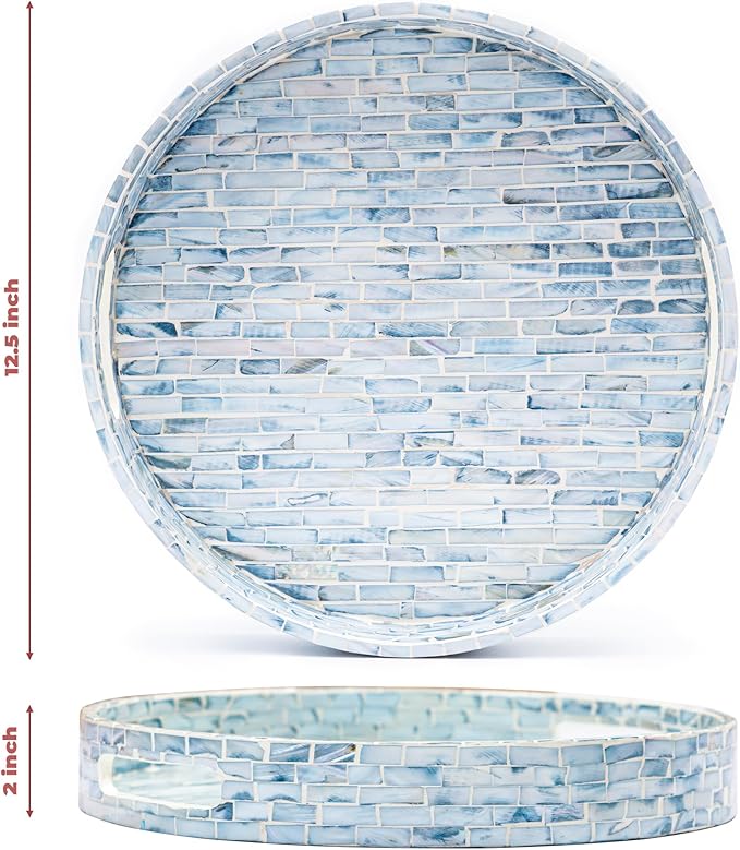 CLAYNIX Serving Tray 12.5 Inch, Wooden Lacquer Tray with Mother of Pearl Inlay, Elegant Tea & Breakfast Tray with Handles (Round)