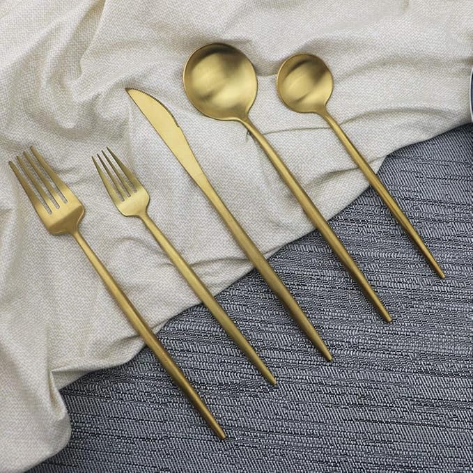 JASHII Luxury Gold Flatware, Silverware Sets, 5-piece Elegant Cute 18/10 Stainless Steel Silverware Set for Eating Home Kitchen Hotel Restaurant, Service Sets for 1 People, Dishwasher Safe
