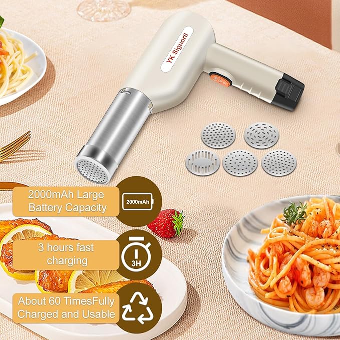 Handheld Electric Pasta Maker 5-in-1 Cordless Pasta Maker Machine Automatic Noodle Press Machine for Homemade Spaghetti, Portable Noodle Maker with Dough Cutter, Quick and Easy to Clean