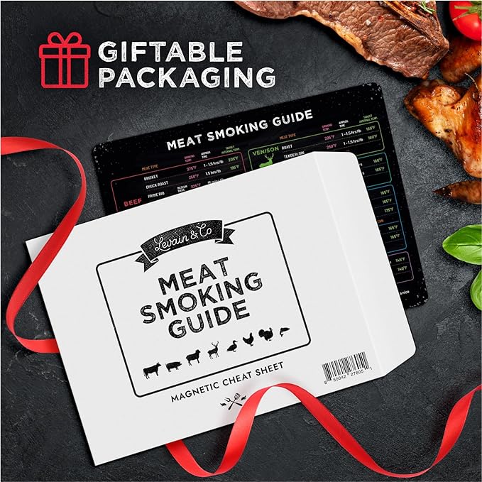 Levain & Co Meat Smoking Magnet Horizontal & BBQ Smoker Guide - Smoker & Pellet Grill Accessories - Wood, Time, & Temp - Grill Accessories for Outdoor Grill - BBQ Smoker Accessories - Grilling Gifts