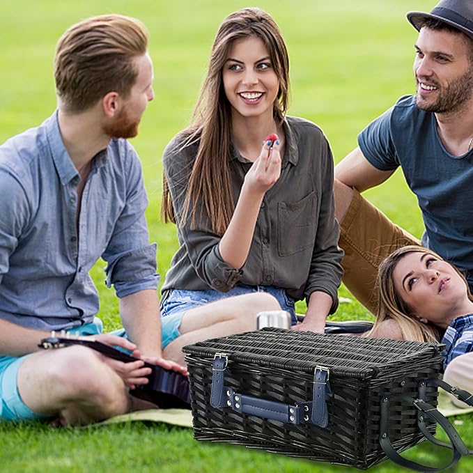 Picnic Basket Set for 4 with Waterproof Blanket Mat Insulation Bag Wicker Classic Navy Blue Black Stripe Gift for Wedding Birthday Summer Camp Outdoor Camping Travel Christmas Thanksgiving